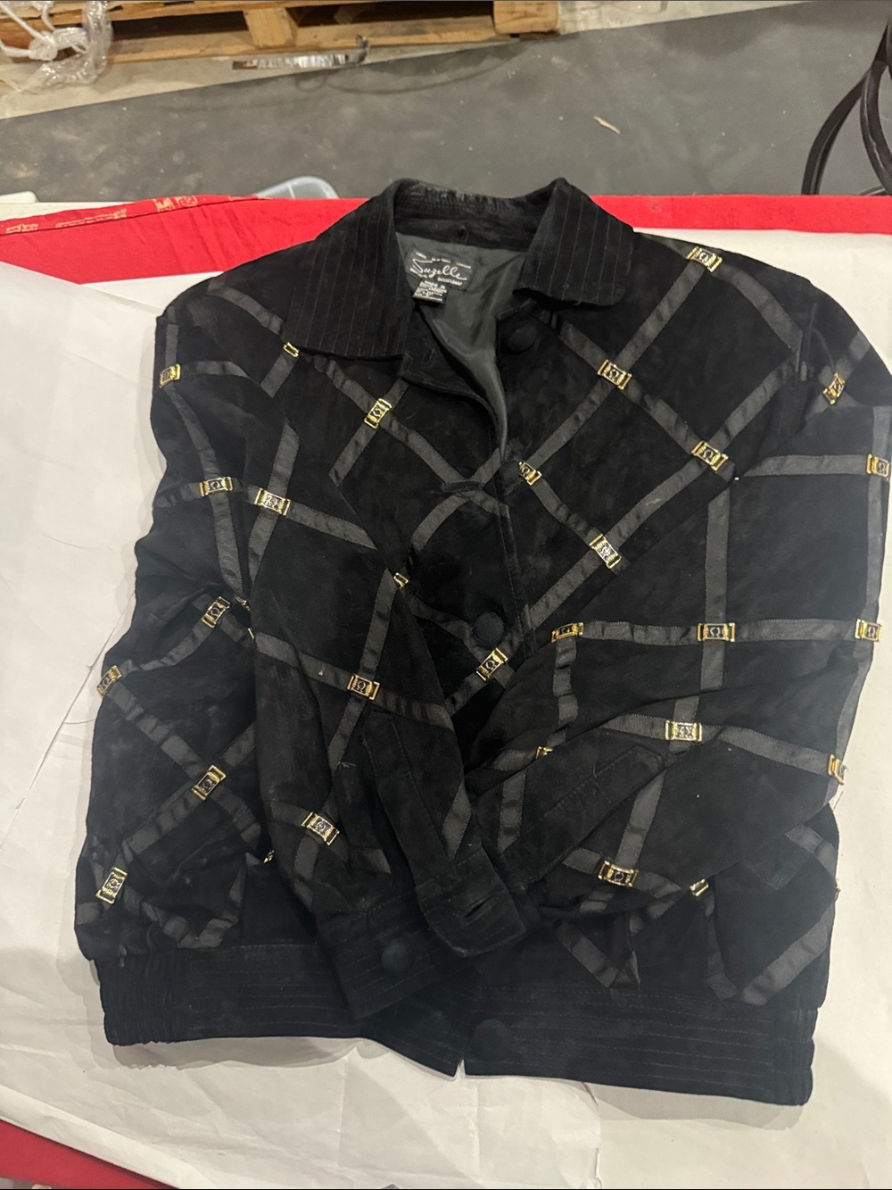 Suzelle Black Suede Bomber Jacket with Gold Accent Straps